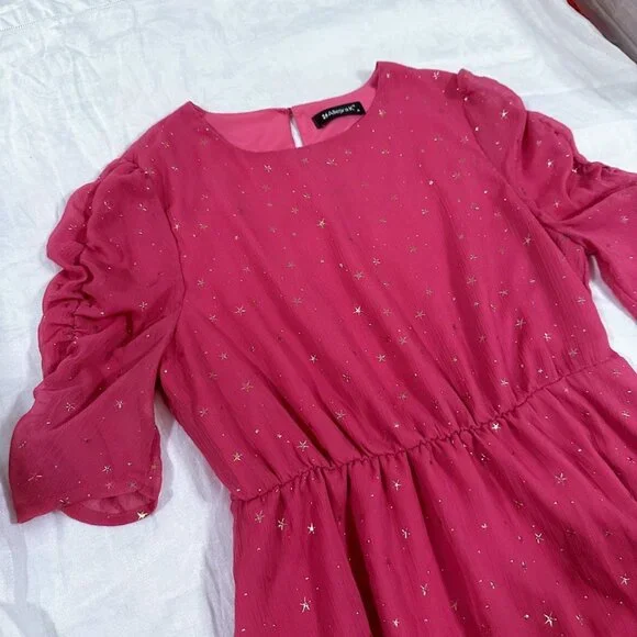 Allegra K Pink and Gold Stars Dress Size Medium | Princess Ruched Sleeves Barbie - Picture 4 of 14